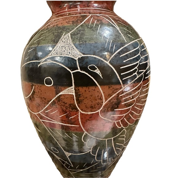 Vintage Nicaragua Carved/Etched Folk Art Pottery Clay Vase Tropical Hummingbird - Picture 9 of 12